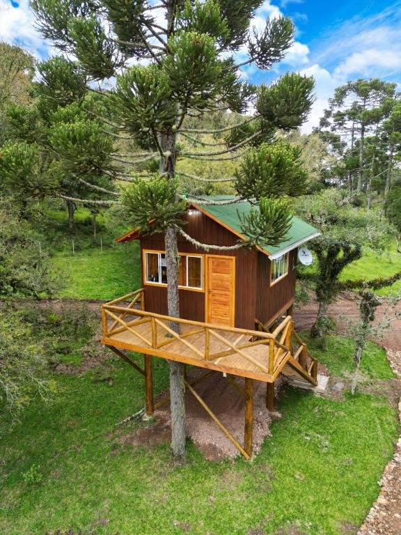 uma casa da árvore das Cabanas Imbuia  construída sob uma plataforma de madeira e ao redor de uma araucária. Há uma varanda de madeira e uma escada na lateral direita do chalé. O teto é verde e a porta é de madeira. Imagem para ilustrar post sobre chalés em Cambará do Sul.