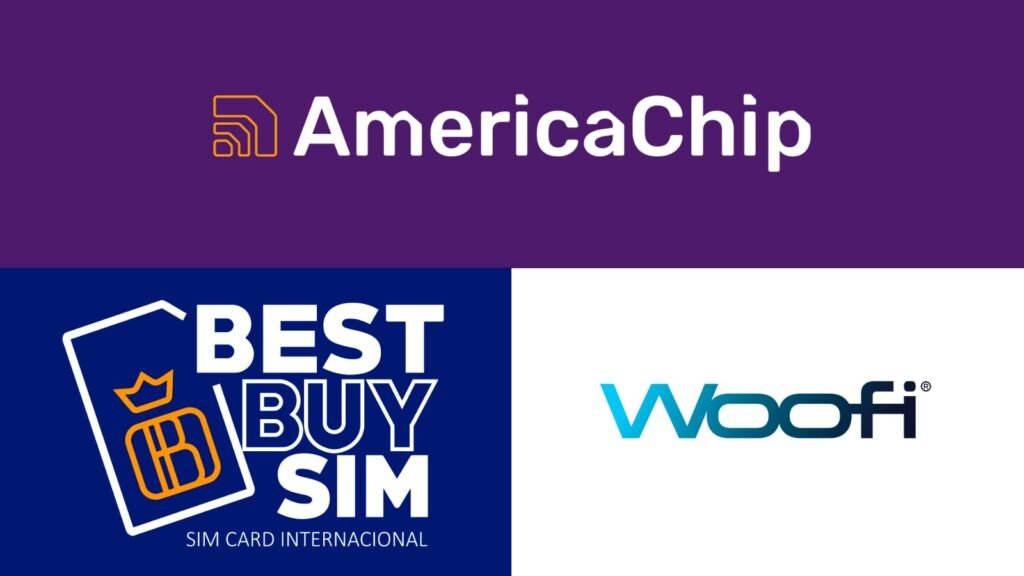compilado de três logos das empresas de chip internacional. Na parte de cima, em roxo e amarelo, está escrito America Chip, e na parte de baixo, no lado esquerdo, escrito em branco sobre um fundo azul escuro, está Best Buy Sim. E do outro lado direito está escrito Woofi em azul, sobre um fundo branco