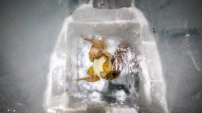 Escultura de um personagem do filme A Era do Gelo. O esquilo está preso dentro de um cubo de gelo no Ice Palace em Jungfrau.